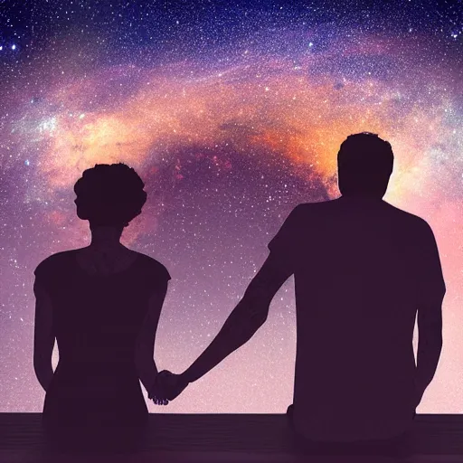 Image similar to Romantic couple, holding hands, view from behind, staring at a night sky, high definition digital art,