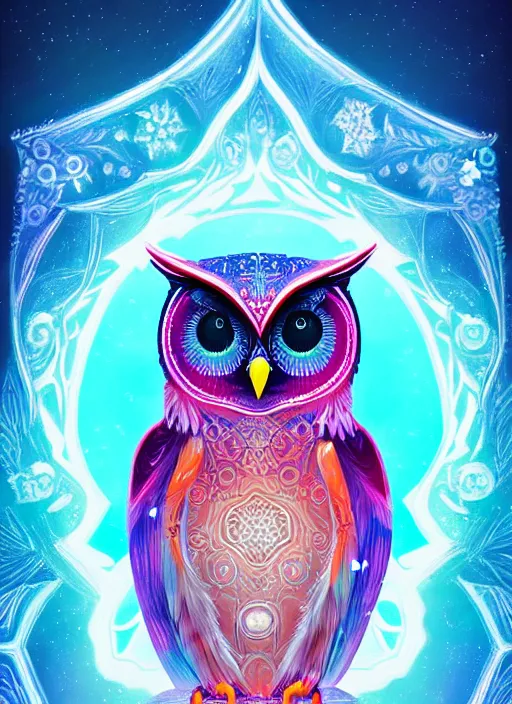 Image similar to symmetry!! product render poster vivid colors divine proportion owl, ice and snow, glowing fog intricate, elegant, highly detailed, digital painting, artstation, concept art, smooth, sharp focus, illustration,