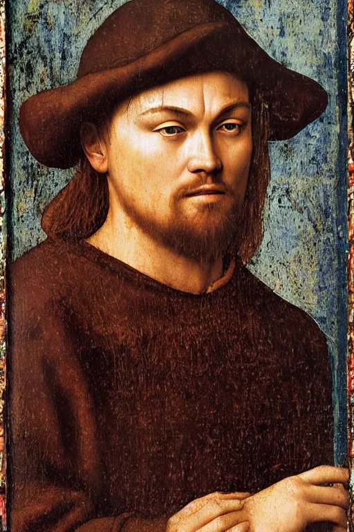 Image similar to 1 4 0 0 s renaissance portrait of leonardo dicaprio oil painting by jan van eyck, northern renaissance art, oil on canvas, wet - on - wet technique, realistic, expressive emotions, intricate textures, illusionistic detail