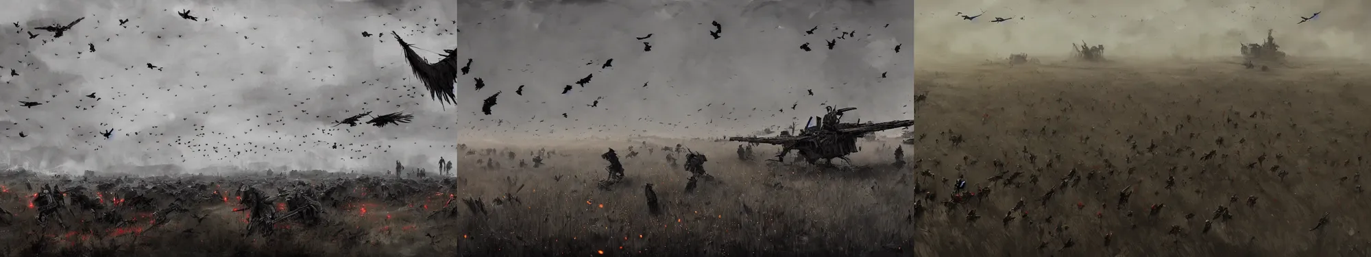 Prompt: corpse of a soldier surrounded by crows in middle of battlefield, papyrus, watercolored, jakub rozalski, dark colours, dieselpunk, artstation