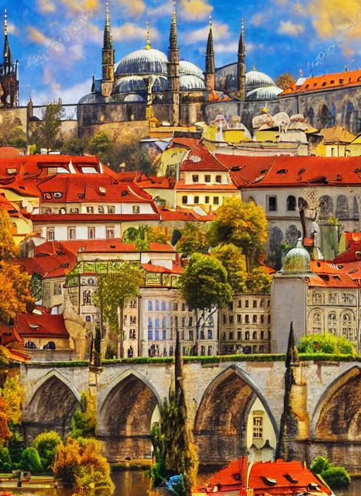 Image similar to painting of beautiful shot of Royal medieval European city like Prague mixed with Istanbul like Islamic architecture with greenery all around , autumn colors