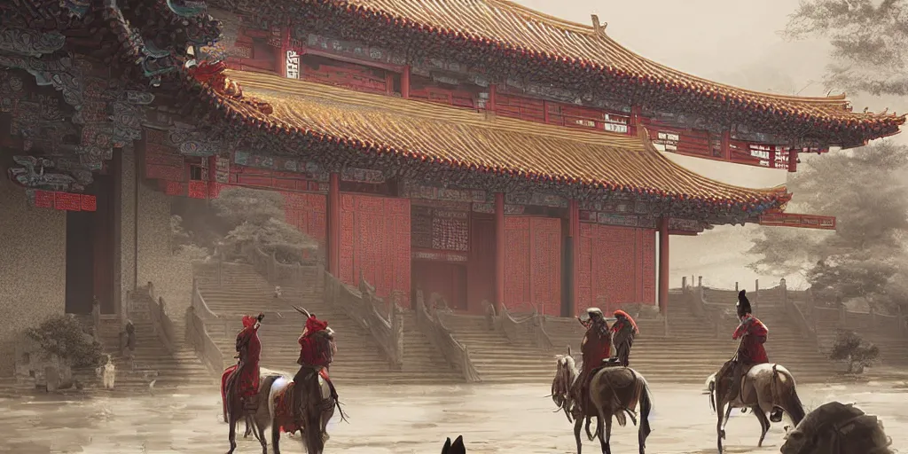 Prompt: a beautiful chinese temple, people riding horse, a fantasy digital painting by greg rutkowski