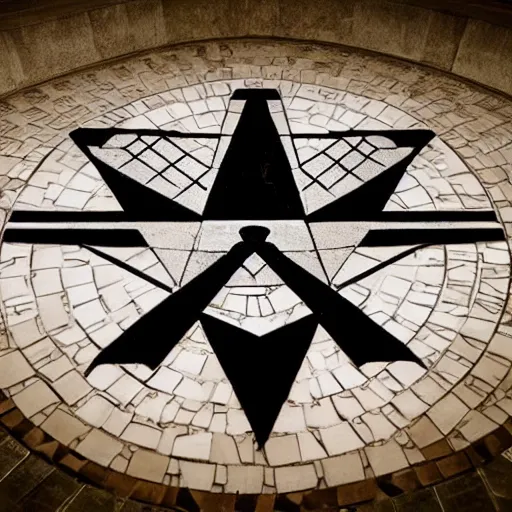 Prompt: looking within the dimly lit masonic temple, punisher symbol in the form of a masonic tile floor mosaic in the form of punisher symbol in spotlight