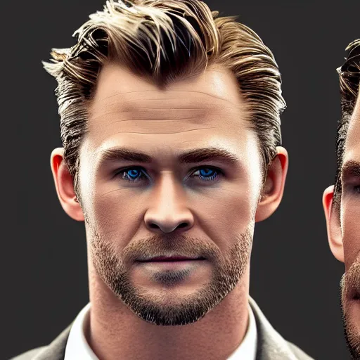 Image similar to Chris Hemsworth and Tom Hiddleston crossbreed, rendered in 3D by Xie Boli, trending on artstation, 4k, 8k, photorealistic imagery, photorealistic details, intricate, highly detailed