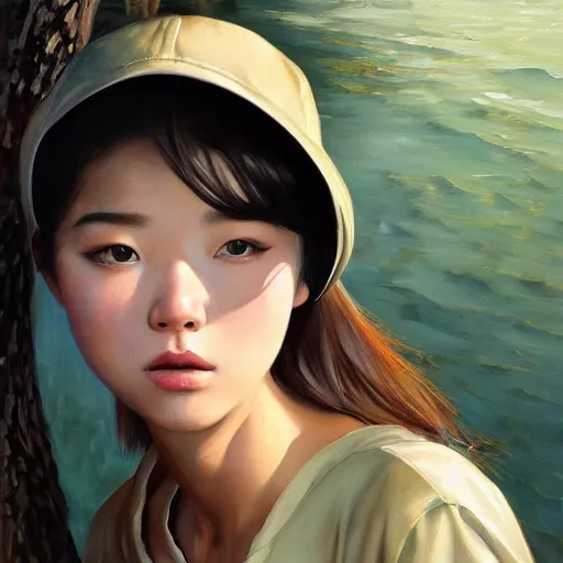 Image similar to oil painting by ilya kuvshinov,, baugh casey, artgerm craig mullins, coby whitmore, of a youthful japanese girl, long hair, fishing and wearing fisherman's outfit, fisherman's hat, highly detailed, breathtaking face, studio photography, noon, intense bounced light, water reflection, large tree casting shadow, serine intense sunlight