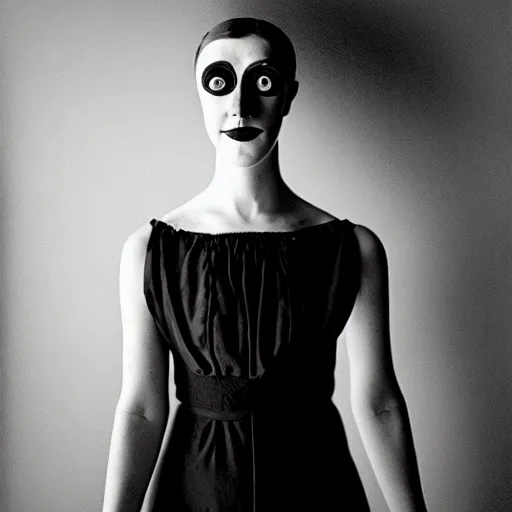 Image similar to old monochrom portrait photography of a beautiful cyclops girl with a single eye wearing a black dress, in a victorian interior, by man ray, alfred ghisoland, gemmy woud - binendijk, erwin olaf, 4 k,