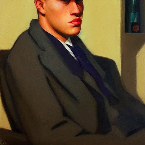 Prompt: a realistic portrait of a blonde man with big lips, 1 2 0 0 bc, edward hopper, trending on artstation