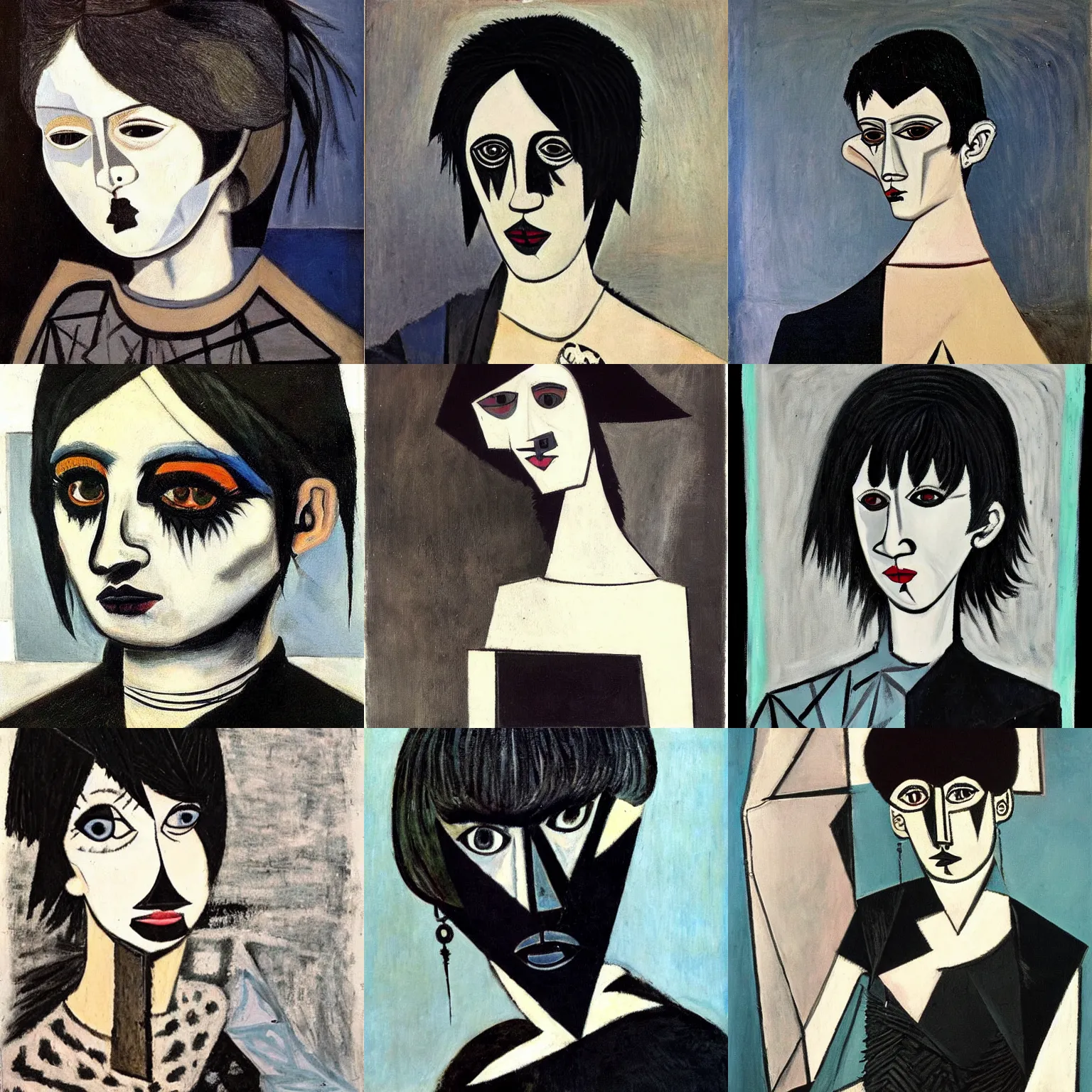 Prompt: an hd goth emo punk portrait painted by pablo picasso. her hair is dark brown and cut into a short, messy pixie cut. she has a slightly rounded face, with a pointed chin, large entirely - black eyes, and a small nose. she is wearing a black tank top, a black leather jacket, a black knee - length skirt, and a black choker.