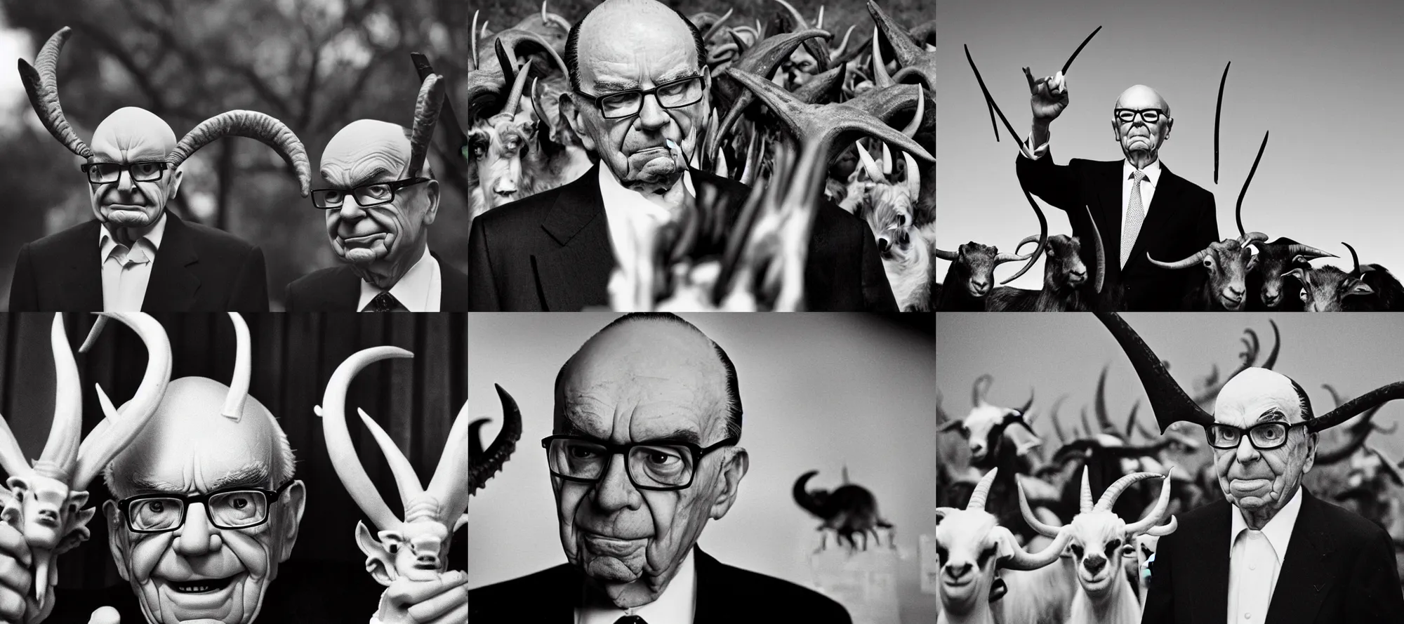 Prompt: satanic Rupert Murdoch with goats horns watching over his demonic minions in hell, photo realistic, 35mm photograph, depth of field