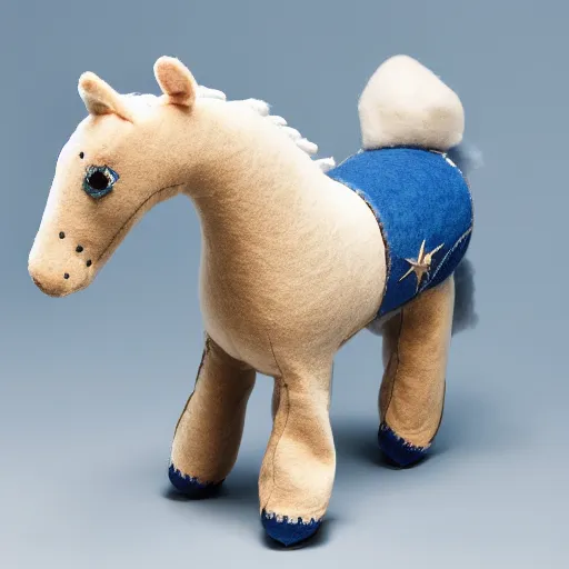 Prompt: a felt plush horse in dusty blue with ornate detailed embroidery decoration