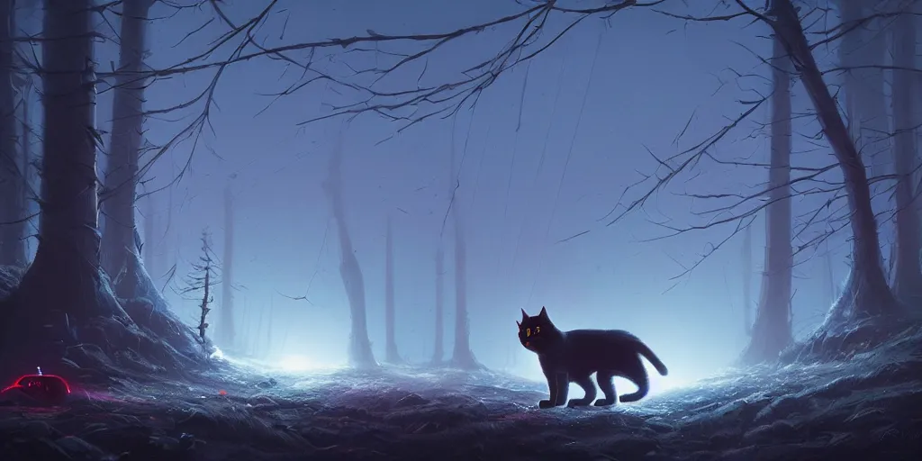 Prompt: A cat with glowing eyes stalking its prey in darkness by Simon Stålenhag and Thomas Kinkade and Greg Rutkowski, trending on artstation, 4k