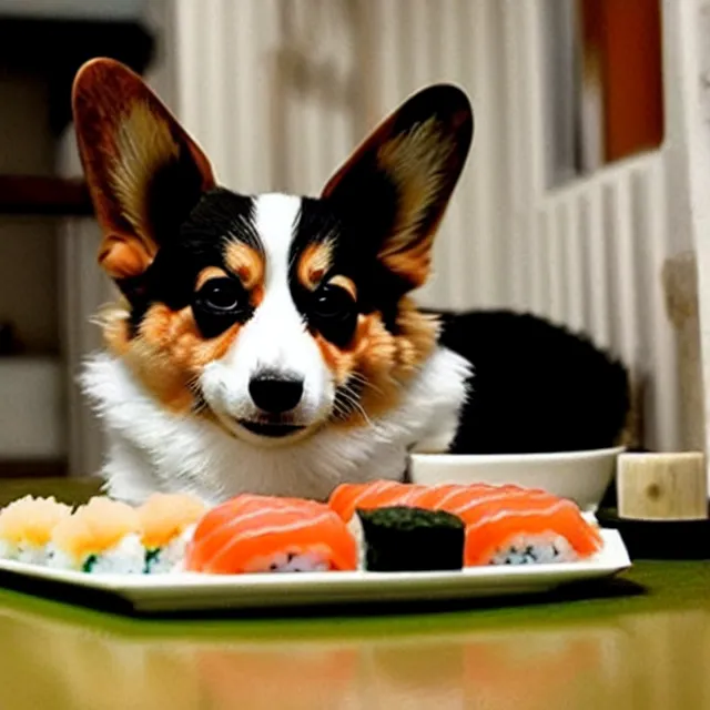 Image similar to a cute corgi lives in a house made of sushi