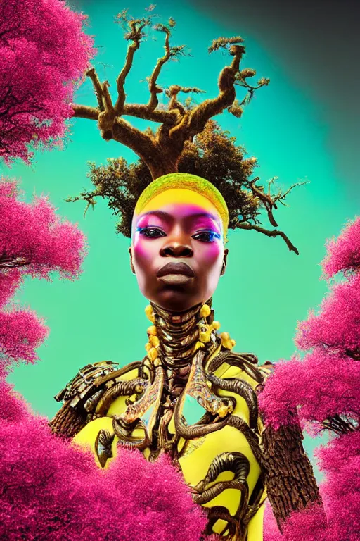 Image similar to high quality photo neo - rococo cinematic super expressive! yoruba goddess with exoskeleton armor, merging with tree in a forest, pink yellow flowers, highly detailed digital art masterpiece, smooth etienne sandorfi eric zener dramatic pearlescent soft teal light, ground angle hd 8 k, sharp focus