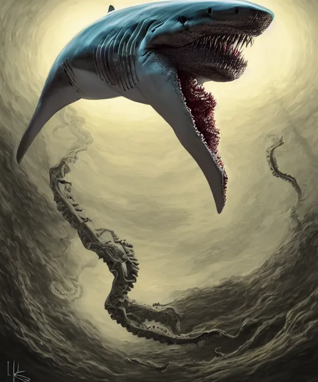 Image similar to hziulquoigmnzhah, head dangling underneath body!!!!, gigantics shark mouth, spherical body, elongated arms, short legs, lovecraftian horror!, surrealism, fantasy, intricate, elegant, highly detailed, digital painting, artstation, concept art, matte, sharp focus, illustration, art by keith thompson and christopher lane