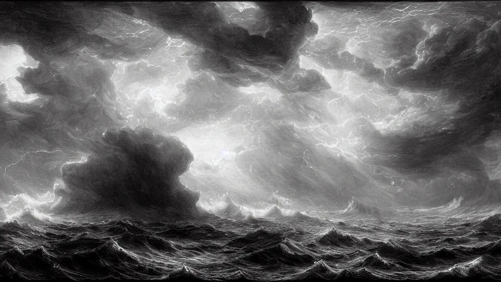 Image similar to drawing of an alien spacecraft flying above a stormy ocean, by gustave dore, nineteenth century, black and white, vintage, science fiction, epic composition, dramatic lighting, highly detailed, cinematic