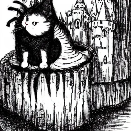 Image similar to a all black cat sitting on top of a castle, demon cat, style of kentaro miura!!!!, black and white, finely detailed