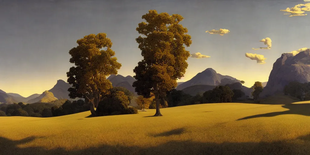 Prompt: an empty grassland with dramatic lighting and distant mountains, ultra realistic, masterpiece painted by maxfield parrish, jc leyendecker and hopper, flemish baroque, classical realism, chiaroscuro, unreal engine, 8 k