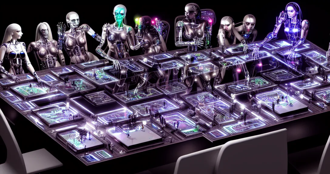 Prompt: beauty, 13 diverse cyborgs on one_side of a reflective !cybernetic table, posing_as_last_supper, inticrate detailed glowing implants, highly detailed, dramatic lighting, electrical details, high details, beautiful lighting