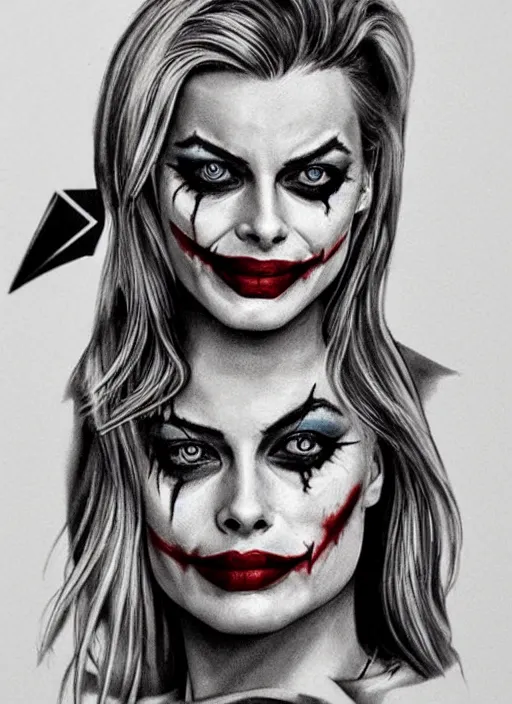 Image similar to tattoo design of margot robbie with joker makeup, ace card, in the style of matteo pasqualin, realistic face, black and white, realism tattoo, hyper realistic, highly detailed