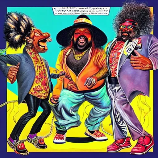 Image similar to beautiful lifelike painting of george clinton performing atomic dog and loopzilla megamix with roger troutman and fatman scoop, hyperreal detailed facial features and uv lighting, art by ed roth and basil wolverton