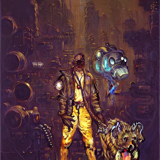 Image similar to portrait of a hyena gnoll doctor scientist. shadowrun furaffiniy cyberpunk fantasy highly detailed painting by gaston bussiere craig mullins jc leyendecker gustav klimt artgerm greg rutkowski john berkey, bergey, craig mullins, ruan jia, raymond swanland, jeremy mann, tom lovell, alex malveda