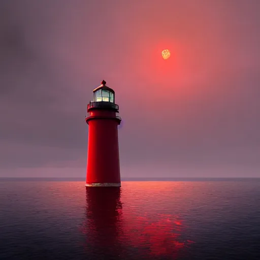 Image similar to beautiful lonely red lighthouse, standing behind red water, 4 k resolution, ultra detailed, style of greg rutkowski, ryan dening,