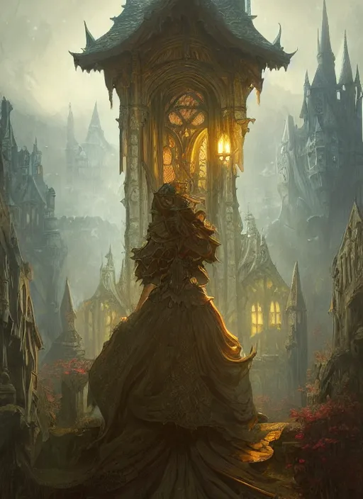 Image similar to a haunted castle, deep focus, d & d, fantasy, intricate, elegant, highly detailed, digital painting, artstation, concept art, matte, sharp focus, illustration, hearthstone, art by artgerm and greg rutkowski and alphonse mucha