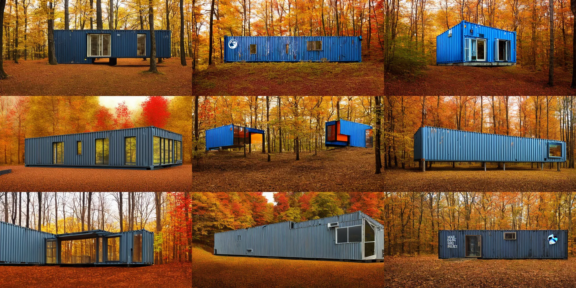 Prompt: film still, house made of a glass shipping container, william penn state forest, autumn, trending on artstation