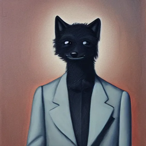 Image similar to portrait of a male anthro anthropomorphic black fox furry fursona with hands on eyes, wearing a suit, 1 9 7 0 s oil on canvas painting, by famous artist jylon denja