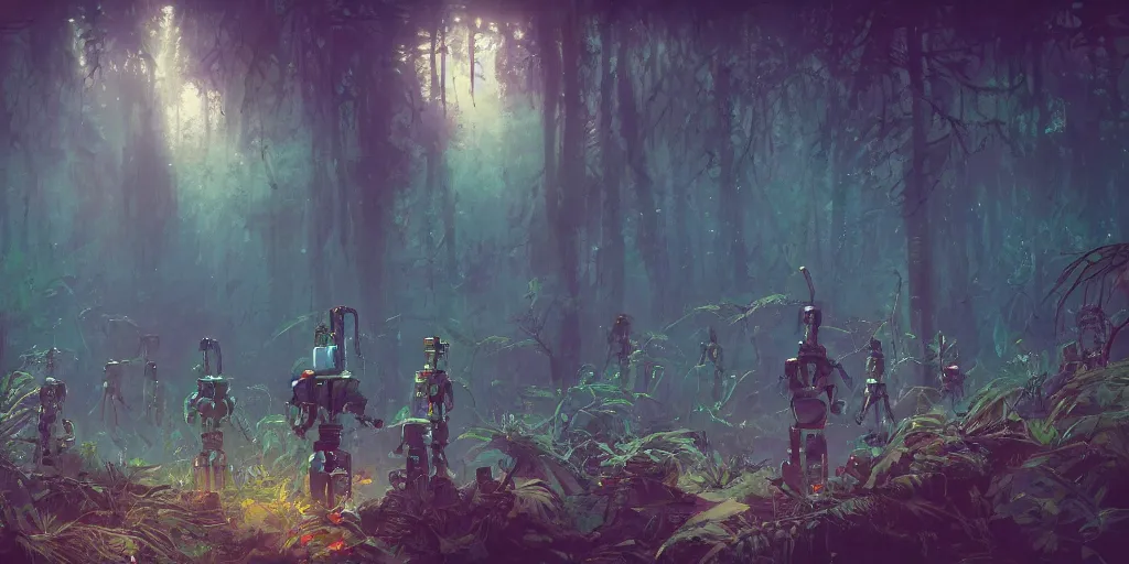 Image similar to guerrillas reed - people surrounded robot in futuristic spiritual mystical post apocalyptic forest drawn by ron gilbert, dim painterly volumetric aquatic lighting, scenic, beautiful, crisp, artstation, highly detailed