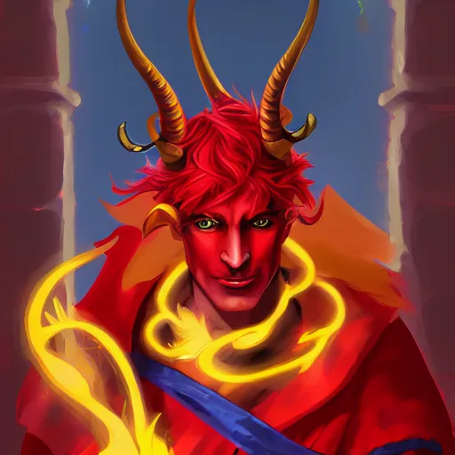 Prompt: Red tiefling wizard, wearing colorful clothes, with curling horns, with peircings in horns, digital art, 4k, detailed, by Viktor Antonov and greg ruthowski