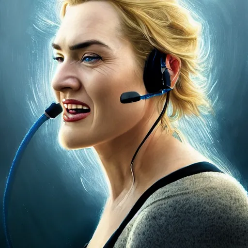 Image similar to epic action shot of kate winslet with symmetrical face stunning eyes and long blonde hair wearing headset laughing, weta disney pixar, hi - fructose, decadent highly - detailed digital painting, golden ratio, octane render, artstation, cinematic composition, smooth, sharp focus, artgerm, mucha, loish, wlop hdr