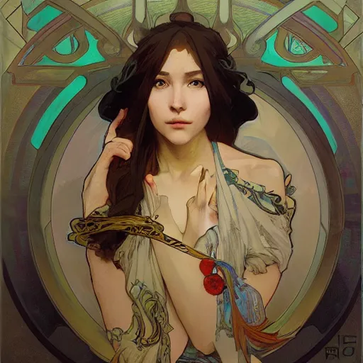 Image similar to krenzcushart, alphonse mucha, j. c. leyendecker, and ruan jia combined art