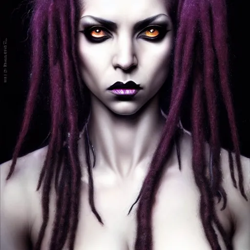 Prompt: portrait of a female cybergoth dreadlocks, dark, piercing eyes, exotic expression, esoteric clothing, photorealistic, highly detailed, mysterious lighting, artstation, smooth, sharp focus, art by michael whelan, artgerm, greg rutkowski and luis royo