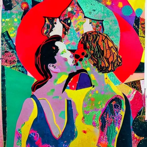 Image similar to two women kissing at a carnival, mixed media collage, retro, paper collage, magazine collage, acrylic paint splatters, retro psychedelia,