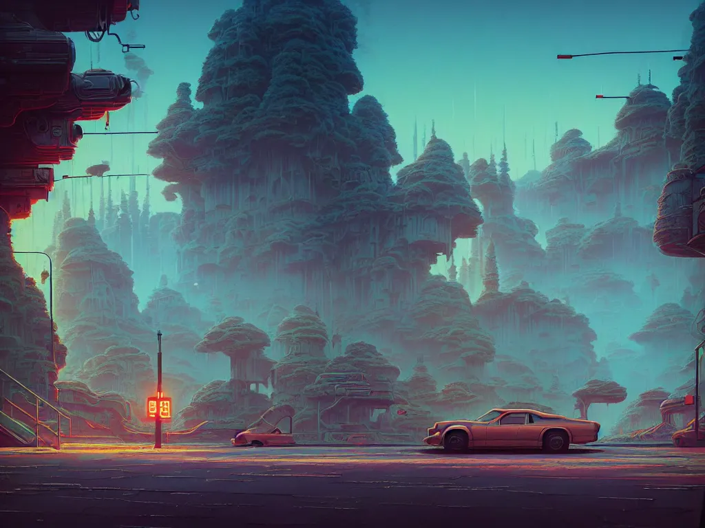 Image similar to 80s outdoor retro arcade, desolate, moody:: studio ghibli, beeple and James Gilleard and Justin Gerard :: ornate, dynamic, particulate, intricate, elegant, highly detailed, centered, artstation, smooth, sharp focus, octane render, 3d