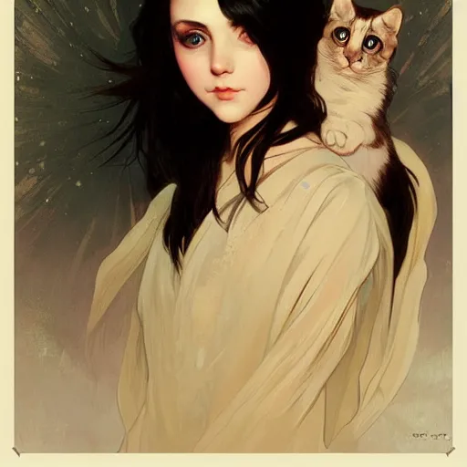 Prompt: emo girl and her cat, with long dark hair, thick eyebrows!!! deep dark big eyes and dark circles!, wide nose!!!, oval face shape, big cheeks!, by greg rutkowski and alphonse mucha, trending on artstation