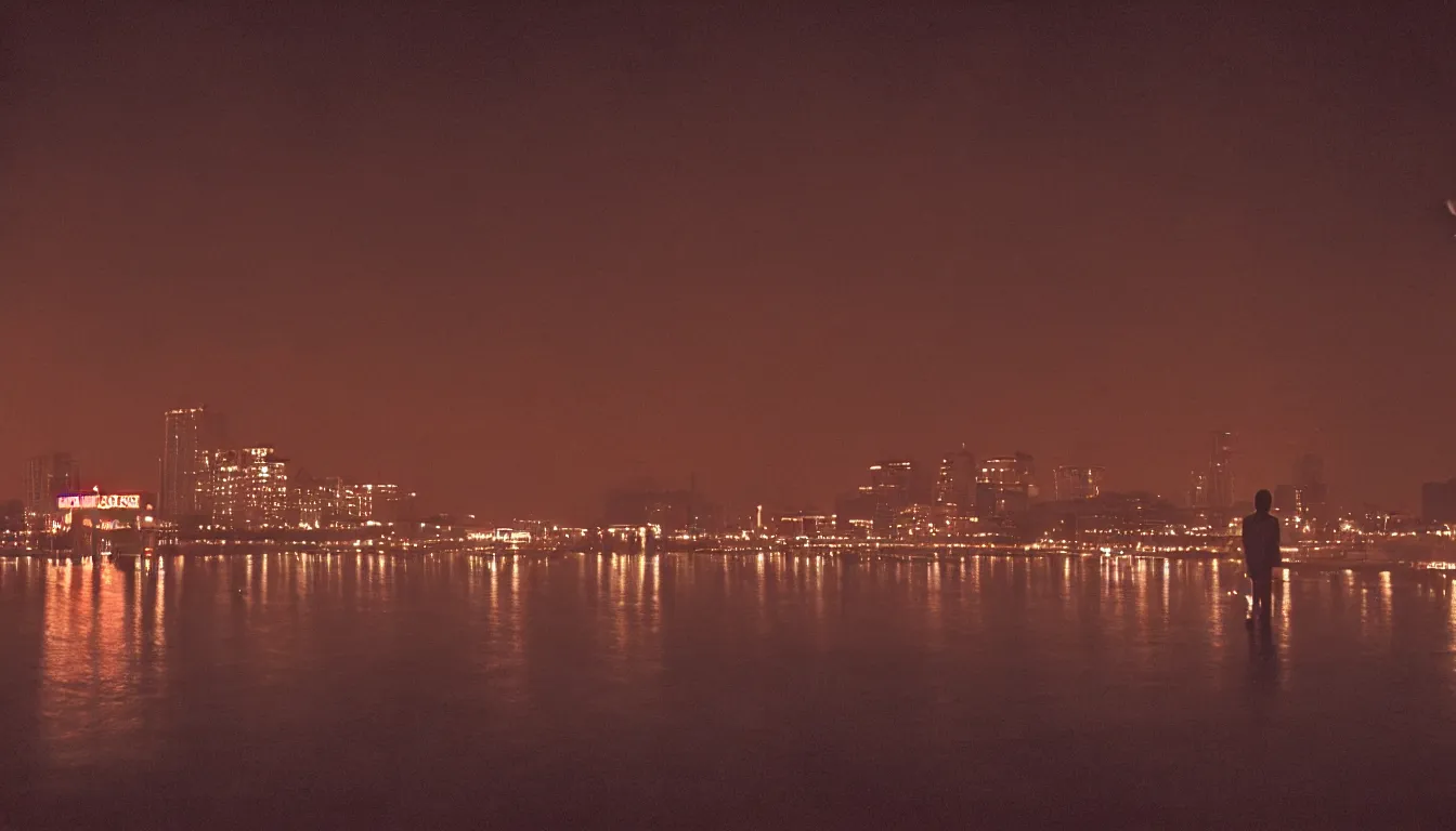 Image similar to 80s asian neon movie still with a lone man fishing on a pier by the river at night with city lights behind his back. Fallen angels movie still. hyperrealistic, photorealistic, high definition, medium format photography, highly detailed, tehnicolor, anamorphic 50mm lens