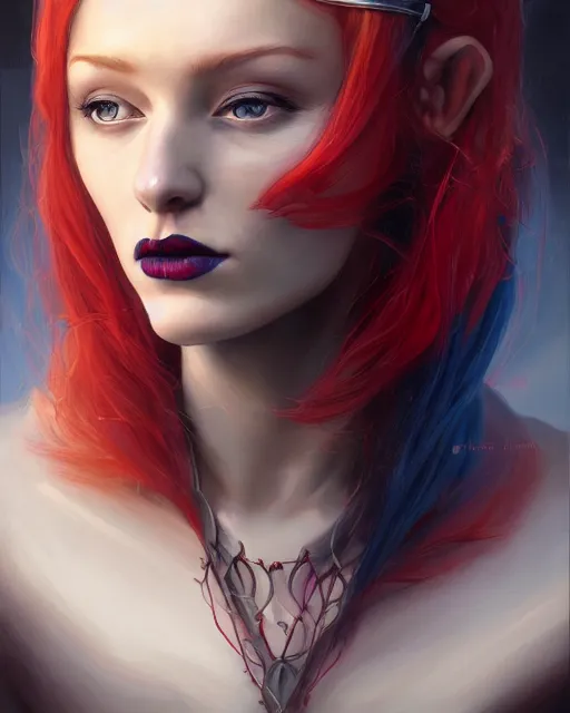 Image similar to A detailed matte oil on canvas head on symmetrical portrait of a beautiful distinguished elven woman with split red and blue hair on an empty background, by Charlie bowater, Wlop, trending on artstationhd, dungeons and dragons art, parted hair , half blue, half red , split dye, critical role