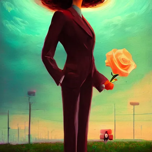 Image similar to closeup, big rose flower over head, frontal, girl in a suit, surreal photography, sunrise, dramatic light, impressionist painting, digital painting, artstation, simon stalenhag