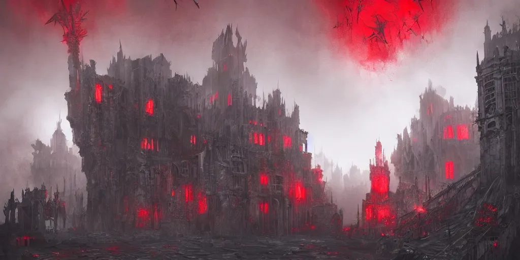 Image similar to grimdark chaos fortress, ruined, terrifying architecture, looming, dark, fog, atmospheric red lighting, flying chaos creatures, dark souls, hyperrealistic, art by sparth