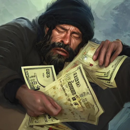 Prompt: character concept art of a hobo sleeping on a pile of dollar bills gold jewels gemstones, key visual, realistic shaded perfect face, fine details, dystopian environment and background, by stanley artgerm lau, wlop, rossdraws, james jean, andrei riabovitchev, marc simonetti, and sakimichan, trending on artstation in disco elysium