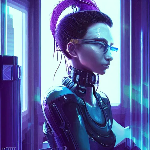 Prompt: portrait of cyberpunk woman looking out of a window, cyberpunk setting, futuristic, highly detailed, intricate lighting, digital painting, sharp focus, illustration, trending on artstation, art by ufotable.