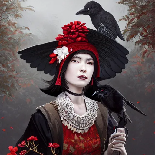 Prompt: portrait of a female crow tengu journalist with short black hair and a tiny red hexagonal hat, wearing a white shirt and a black and autumn leaf patterned skirt, beautiful and detailed digital art, 4 k hd, ross tran, bo chen, rebecca oborn, michael whelan