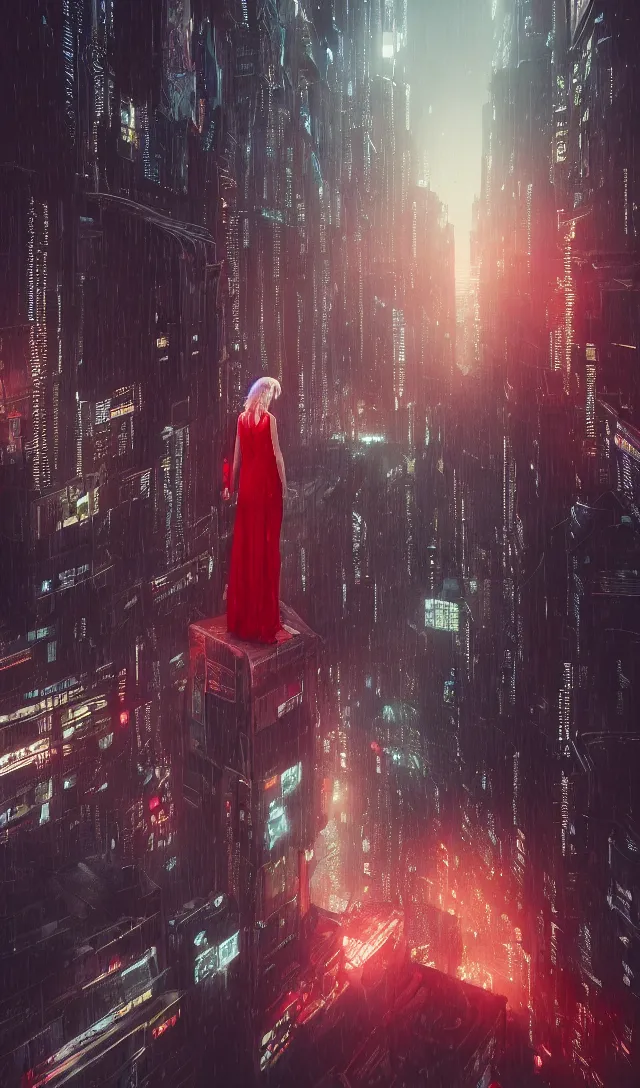 Prompt: a girl with silver long hair and red dress standing on a rooftop in a cyberpunk city, blade runner, nighttime, rain, intricate artwork by tooth wu and wlop and beeple, octane render, hyper realism, 8 k