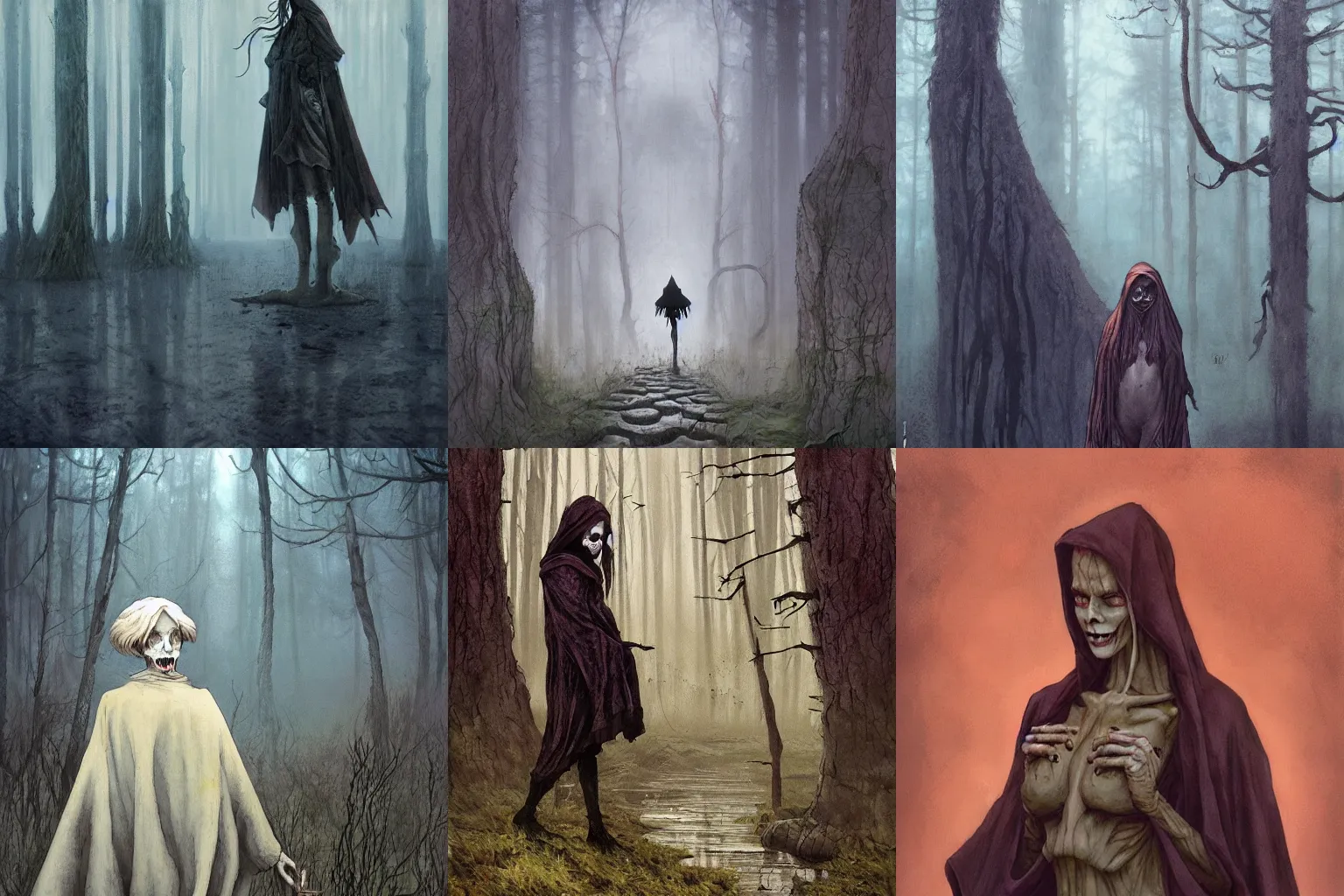 Prompt: A desperate which stares at a skull her hands. She wear a long dark robe. She stand in a foggy swamp. Painted by Régis Loisel and Enki Bilal and Tony Sandoval and Oliver Ledroit. Oil painting.