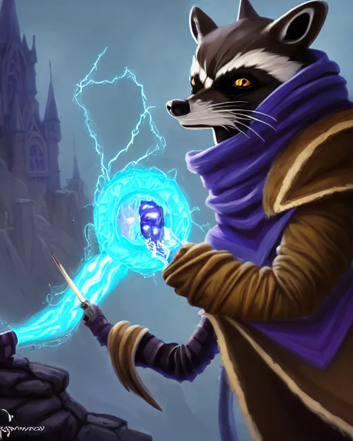 Image similar to closeup, highly detailed digital illustration portrait of hooded priest sorcerer druid necromancer sly cooper rocket the raccoon casting a magical energy sparkling swirling blue glowing spell in an ancient castle, action pose, d & d, magic the gathering, by rhads, frank frazetta, lois van baarle, jean - baptiste monge, disney, pixar,