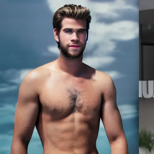 Prompt: a realistic detailed photo of a guy who is an attractive humanoid who is half robot and half humanoid, who is a male android, actor liam hemsworth, shiny skin, posing like a statue, blank stare, by the pool, on display, showing off his muscles