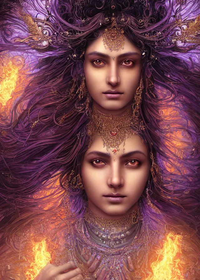 Prompt: Portrait painting of a beautiful indian princess born of fire, stunning 3d render inspired art by P. Craig Russell and Barry Windsor-Smith + perfect facial symmetry + dim volumetric lighting, vibrant dark wavy hair, ornate flowing silvered robes, 8k octane beautifully detailed render, post-processing, extremely hyperdetailed, intricate, epic composition, grim yet sparkling atmosphere, cinematic lighting + masterpiece, trending on artstation, very very detailed