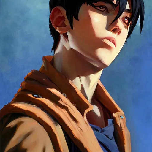 Image similar to greg manchess portrait painting of eren jeager as overwatch character, medium shot, symmetrical, alan yeager ， profile picture, organic painting, sunny day, matte painting, bold shapes, hard edges, street art, trending on artstation, by huang guangjian and gil elvgren and sachin teng